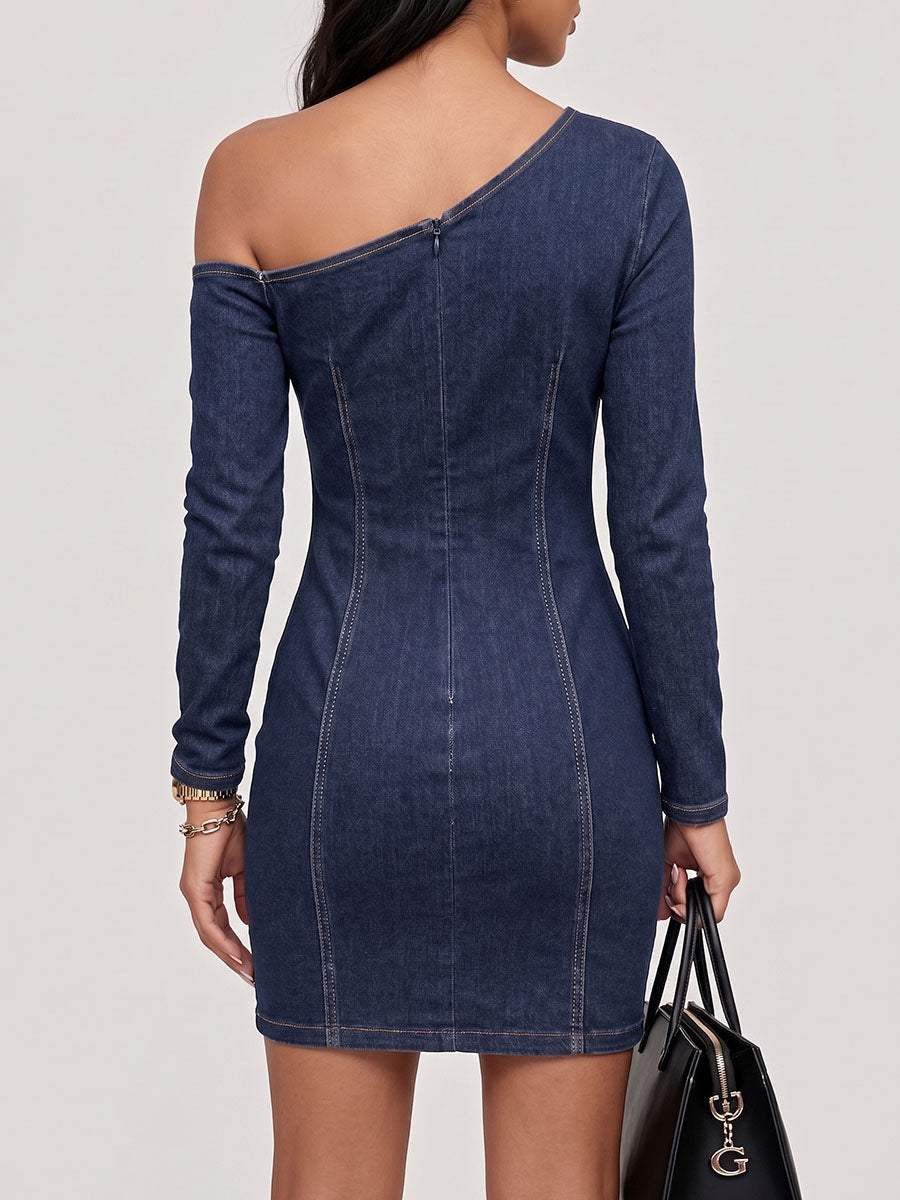 Women's One-shoulder Neckline Long-sleeved Round Metal Cutout Casual Slim-fit Denim Dress