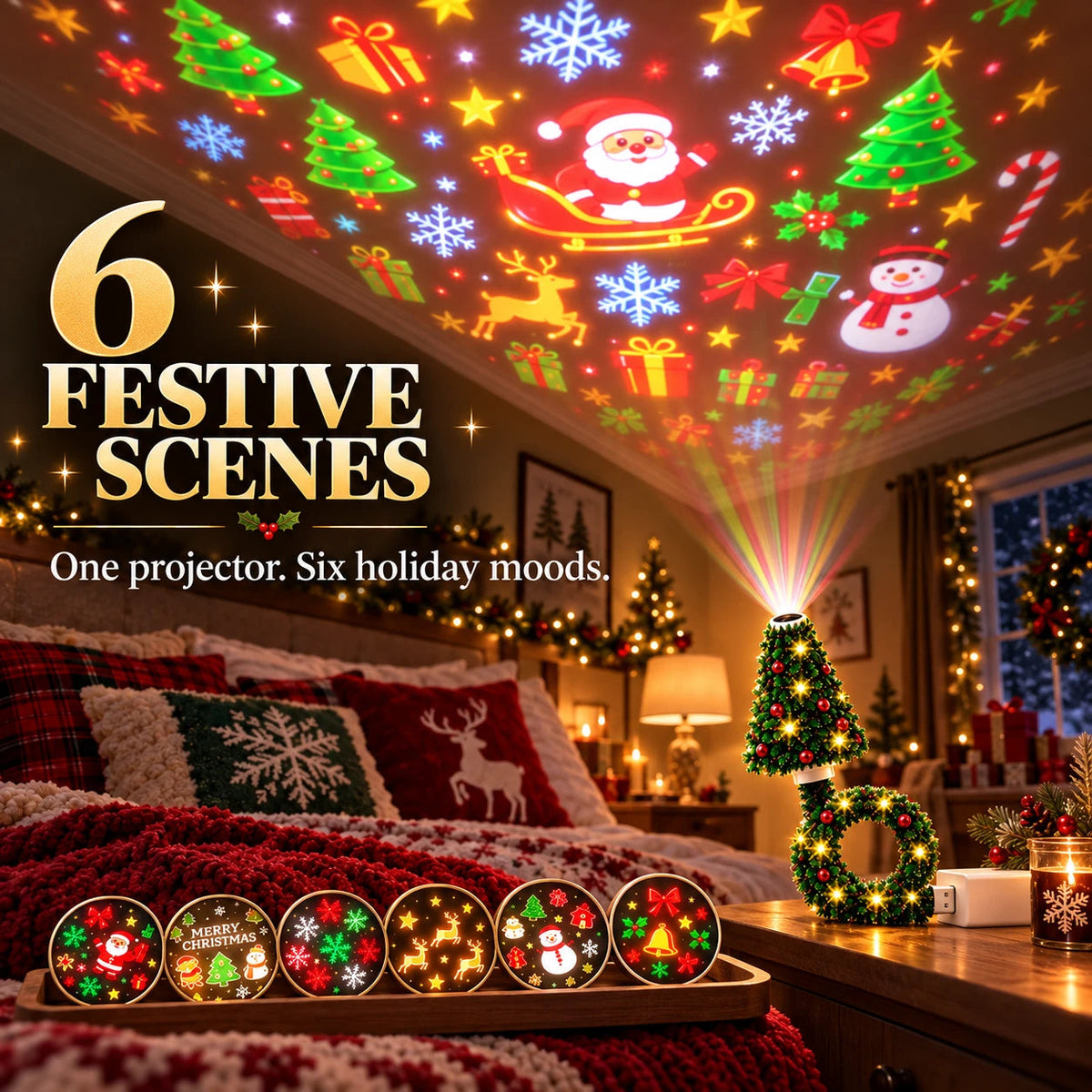 USB Christmas Projection Lamp with 6 Festive Scenes